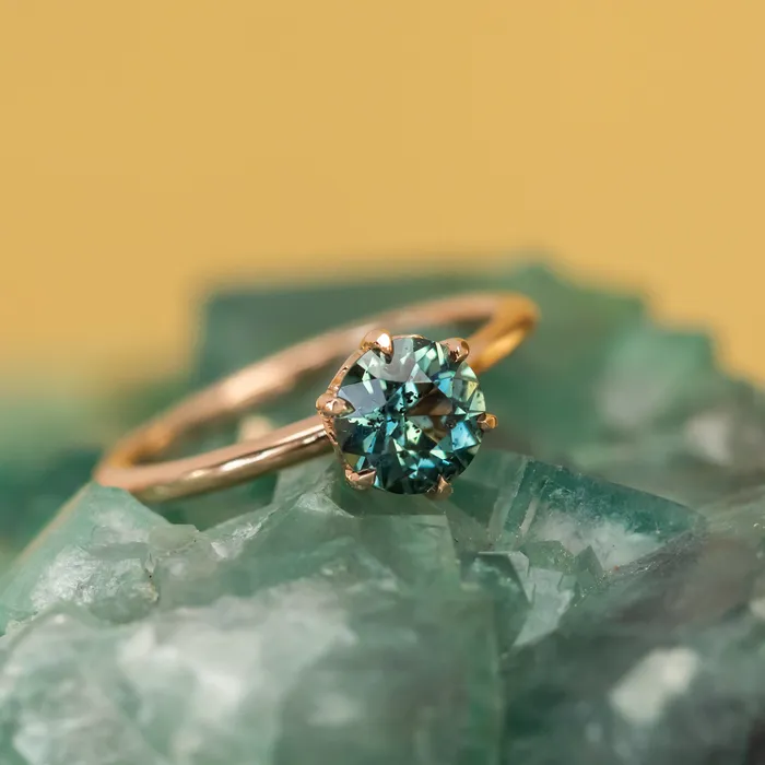 Rings Anueva Jewelry 118ct Round Green Teal Madagascar Sapphire Lotus Six Prong Solitaire Ring in 18k Rose Gold