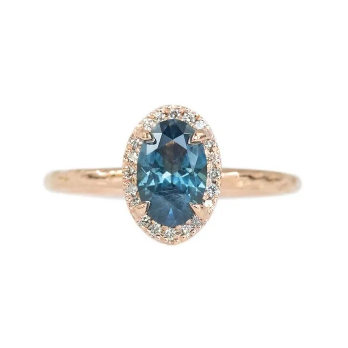 Rings Anueva Jewelry 119ct Blue Oval Montana Sapphire Ring in 14k Rose Gold Evergreen Diamond Halo Rings Anueva Jewelry 119ct Blue Oval Montana Sapphire Ring in 14k Rose Gold Evergreen Diamond Halo