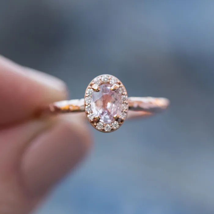 Rings Anueva Jewelry Pink Sapphire and Diamond Engagement Ring in Hand Carved Recycled Rose Gold Earthy Setting Sapphire Engagement Ring by Anueva Jewelry Rings Anueva Jewelry Pink Sapphire and Diamond Engagement Ring in Hand Carved Recycled Rose Gold Earthy Setting Sapphire Engagement Ring by Anueva Jewelry