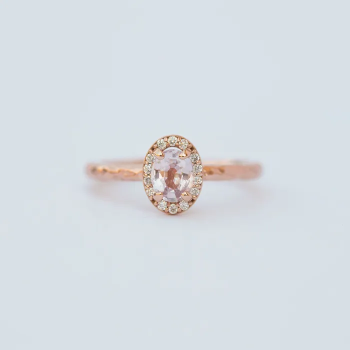 Rings Anueva Jewelry Pink Sapphire and Diamond Engagement Ring in Hand Carved Recycled Rose Gold Earthy Setting Sapphire Engagement Ring by Anueva Jewelry