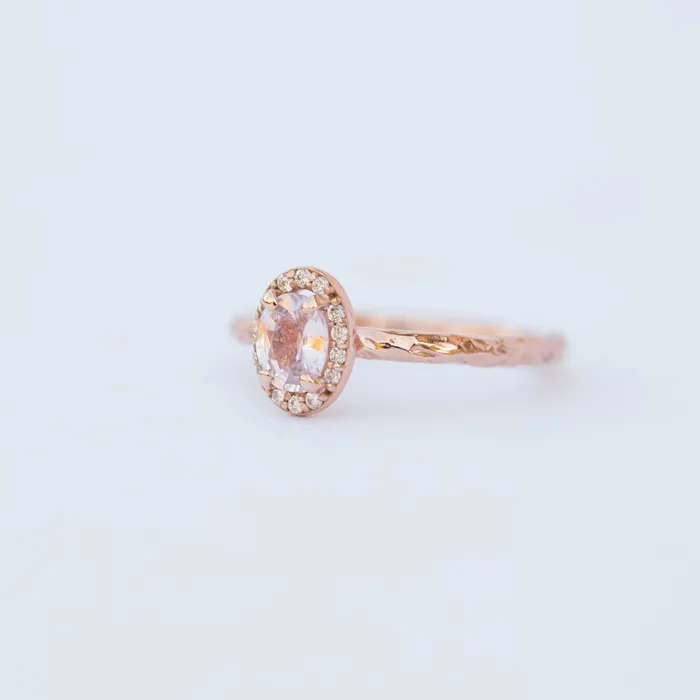 Rings Anueva Jewelry Pink Sapphire and Diamond Engagement Ring in Hand Carved Recycled Rose Gold Earthy Setting Sapphire Engagement Ring by Anueva Jewelry