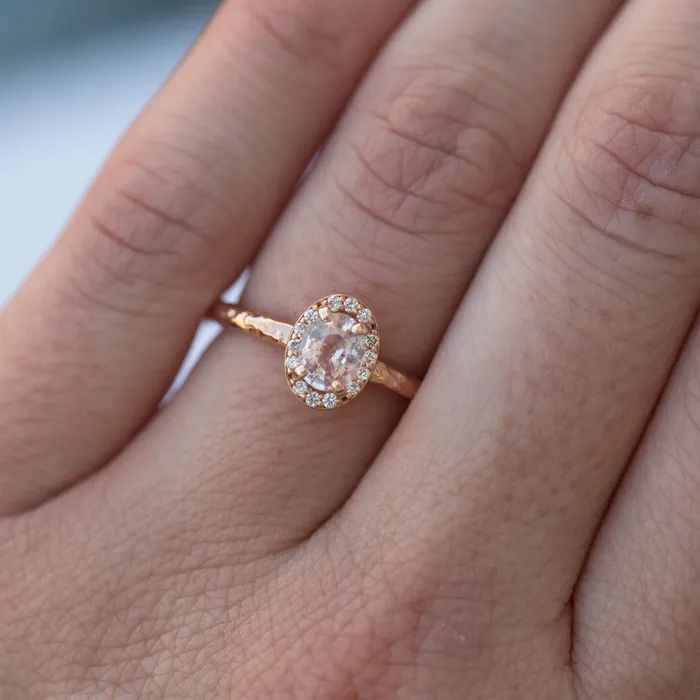 Rings Anueva Jewelry Pink Sapphire and Diamond Engagement Ring in Hand Carved Recycled Rose Gold Earthy Setting Sapphire Engagement Ring by Anueva Jewelry