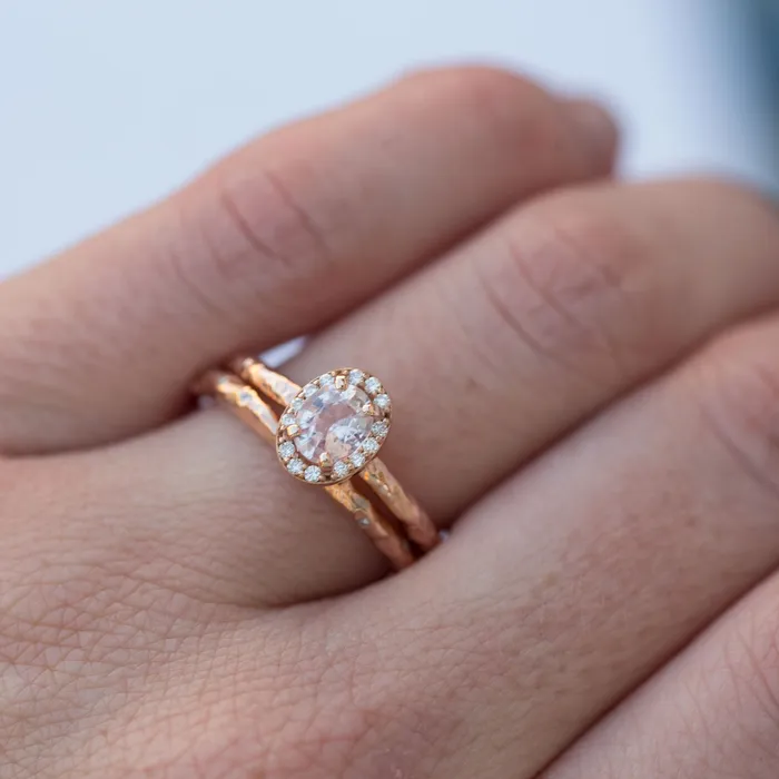 Rings Anueva Jewelry Pink Sapphire and Diamond Engagement Ring in Hand Carved Recycled Rose Gold Earthy Setting Sapphire Engagement Ring by Anueva Jewelry