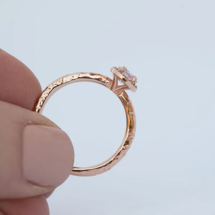 Rings Anueva Jewelry Pink Sapphire and Diamond Engagement Ring in Hand Carved Recycled Rose Gold Earthy Setting Sapphire Engagement Ring by Anueva Jewelry