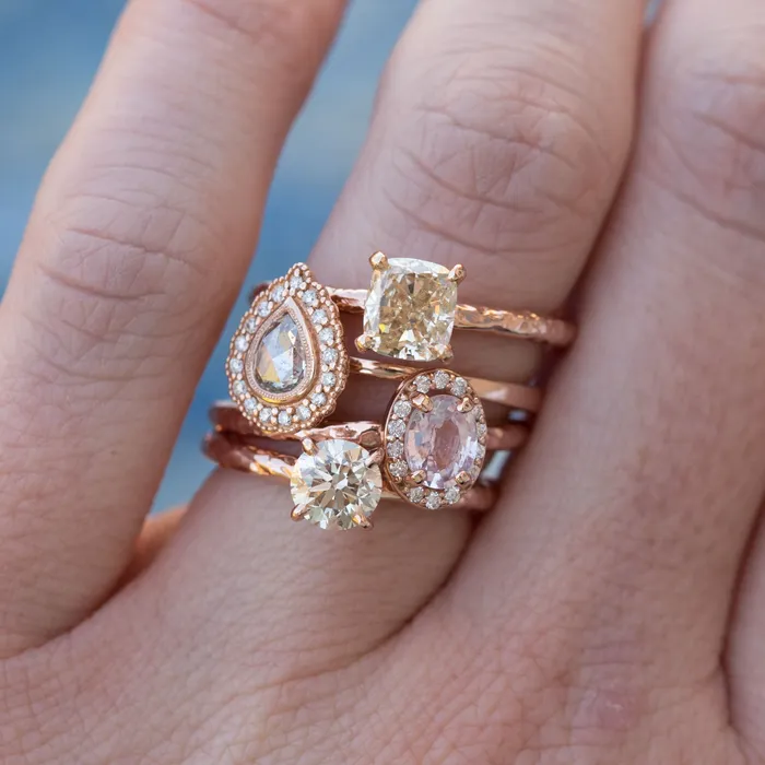 Rings Anueva Jewelry Pink Sapphire and Diamond Engagement Ring in Hand Carved Recycled Rose Gold Earthy Setting Sapphire Engagement Ring by Anueva Jewelry