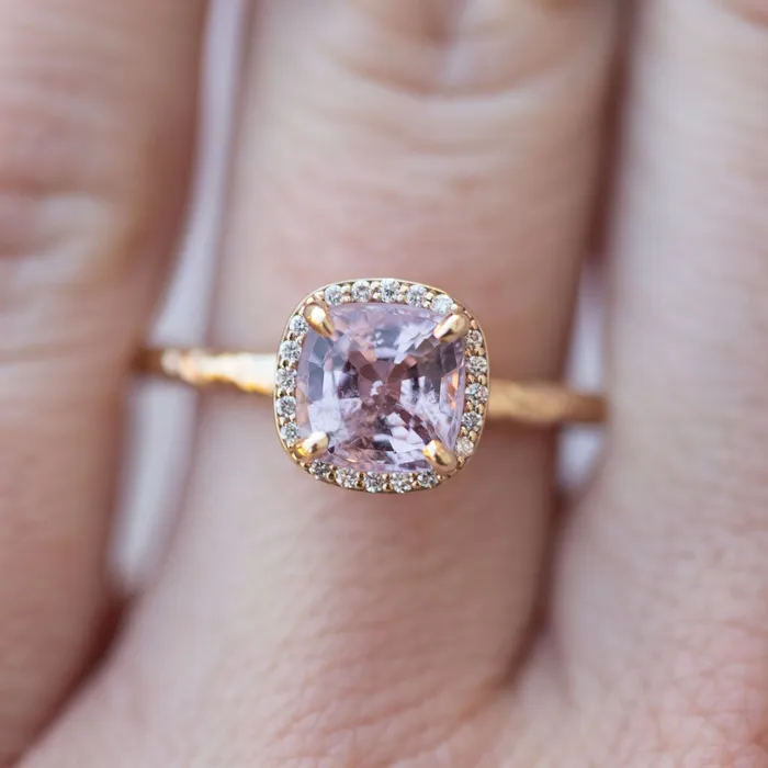 Rings Lavender Lilac Cushion Spinel and Diamond Engagement Ring in Hand Carved Recycled Yellow Gold Earthy Setting Gemstone Engagement Ring by Anueva Jewelry Anueva Jewelry Rings Lavender Lilac Cushion Spinel and Diamond Engagement Ring in Hand Carved Recycled Yellow Gold Earthy Setting Gemstone Engagement Ring by Anueva Jewelry Anueva Jewelry