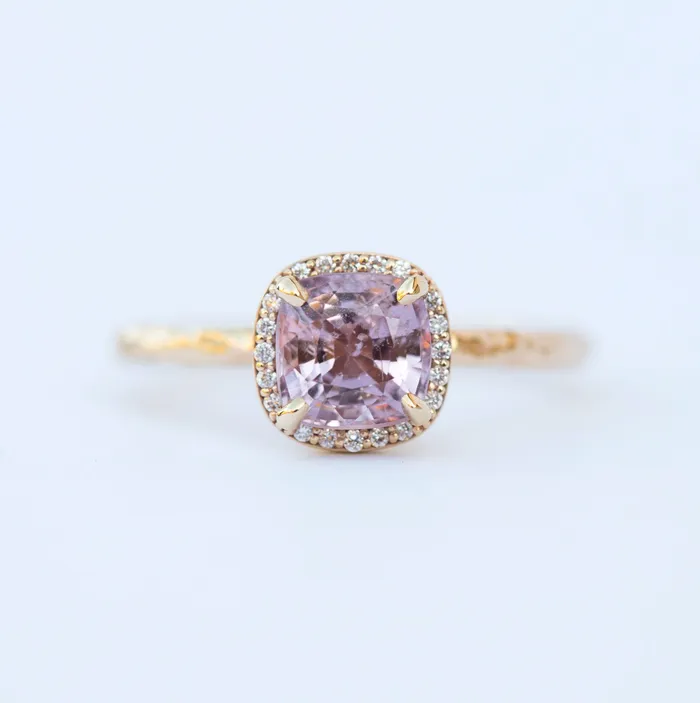 Rings Lavender Lilac Cushion Spinel and Diamond Engagement Ring in Hand Carved Recycled Yellow Gold Earthy Setting Gemstone Engagement Ring by Anueva Jewelry Anueva Jewelry