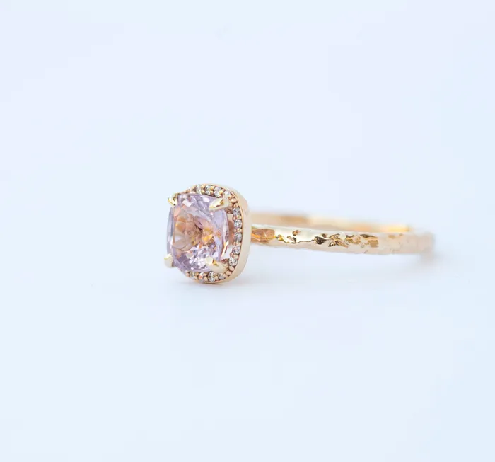 Rings Lavender Lilac Cushion Spinel and Diamond Engagement Ring in Hand Carved Recycled Yellow Gold Earthy Setting Gemstone Engagement Ring by Anueva Jewelry Anueva Jewelry
