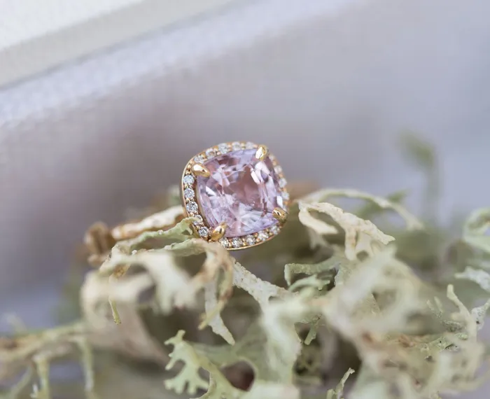 Rings Lavender Lilac Cushion Spinel and Diamond Engagement Ring in Hand Carved Recycled Yellow Gold Earthy Setting Gemstone Engagement Ring by Anueva Jewelry Anueva Jewelry