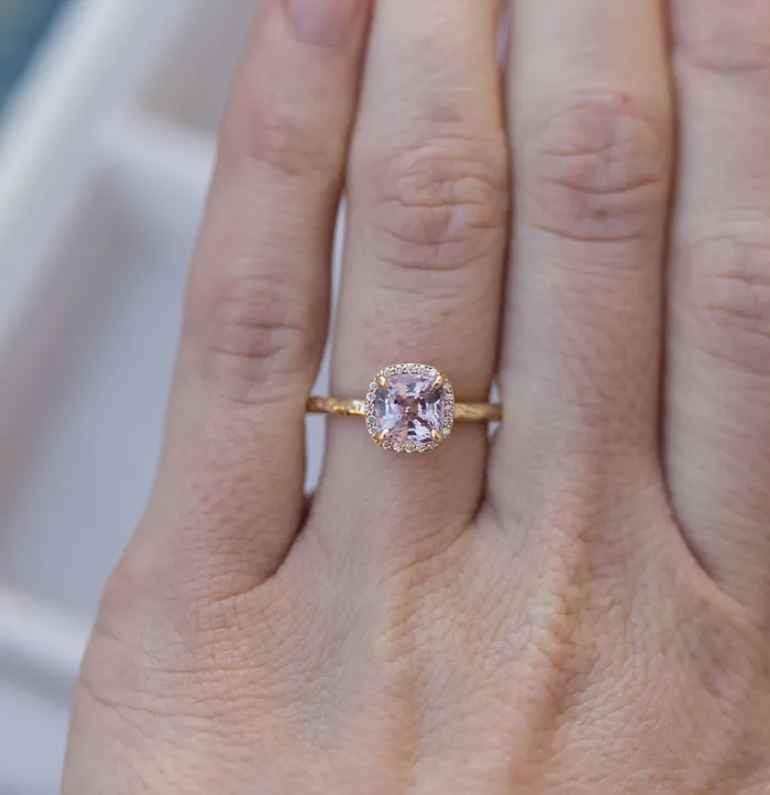 Rings Lavender Lilac Cushion Spinel and Diamond Engagement Ring in Hand Carved Recycled Yellow Gold Earthy Setting Gemstone Engagement Ring by Anueva Jewelry Anueva Jewelry