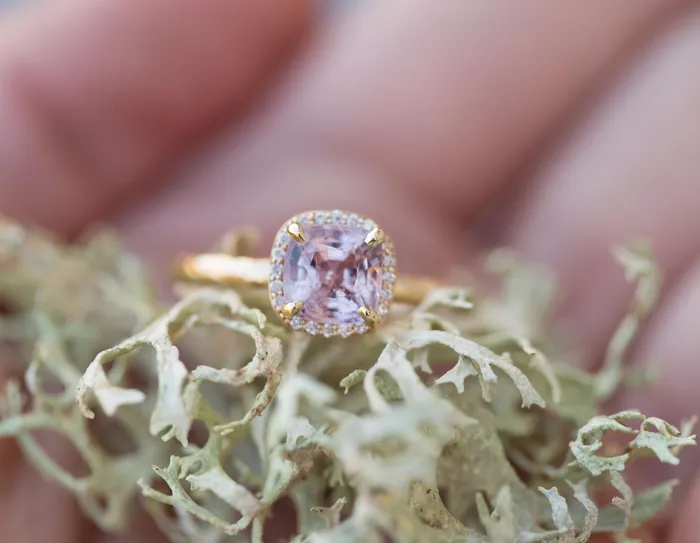 Rings Lavender Lilac Cushion Spinel and Diamond Engagement Ring in Hand Carved Recycled Yellow Gold Earthy Setting Gemstone Engagement Ring by Anueva Jewelry Anueva Jewelry