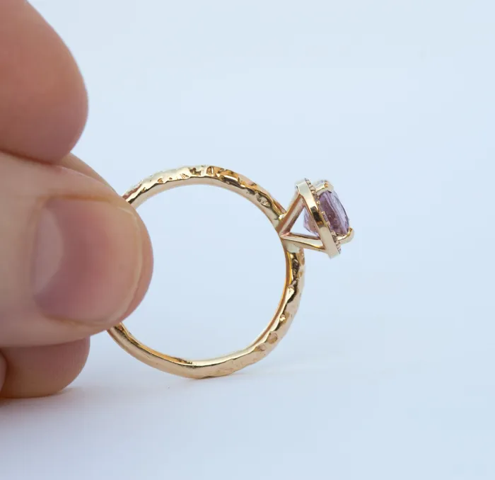 Rings Lavender Lilac Cushion Spinel and Diamond Engagement Ring in Hand Carved Recycled Yellow Gold Earthy Setting Gemstone Engagement Ring by Anueva Jewelry Anueva Jewelry