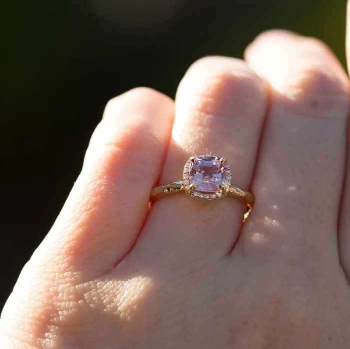 Rings Lavender Lilac Cushion Spinel and Diamond Engagement Ring in Hand Carved Recycled Yellow Gold Earthy Setting Gemstone Engagement Ring by Anueva Jewelry Anueva Jewelry