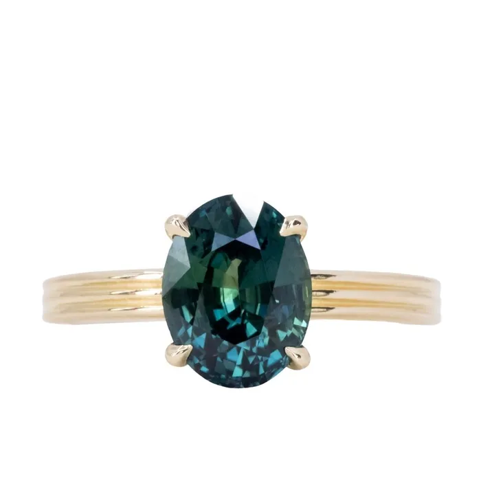 Rings Nashan 359ct Oval Deep Teal Madagascar Sapphire Low Profile TriBand Three Winds 4 Prong Solitaire in 14k Yellow Gold
