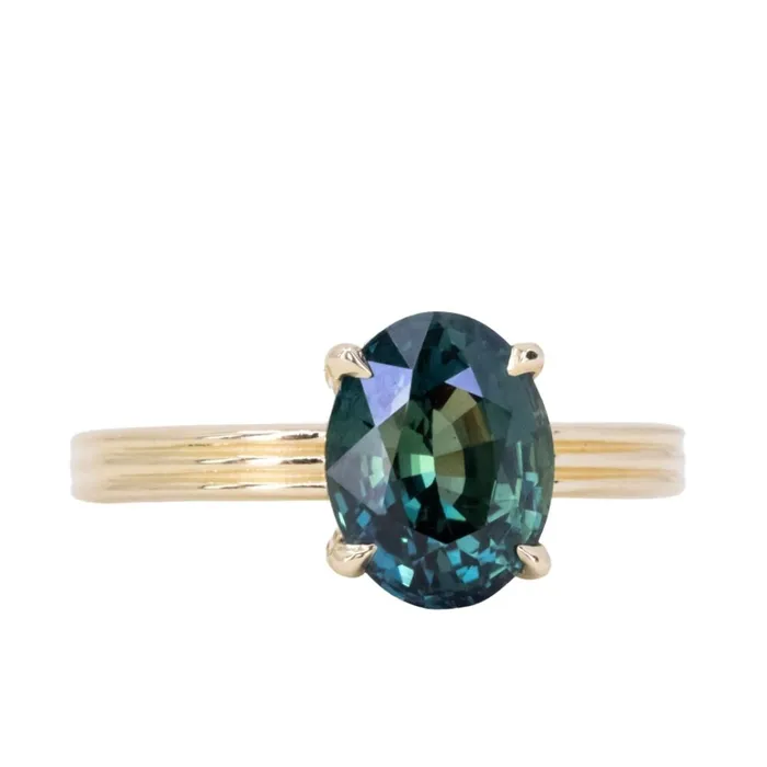 Rings Nashan 359ct Oval Deep Teal Madagascar Sapphire Low Profile TriBand Three Winds 4 Prong Solitaire in 14k Yellow Gold