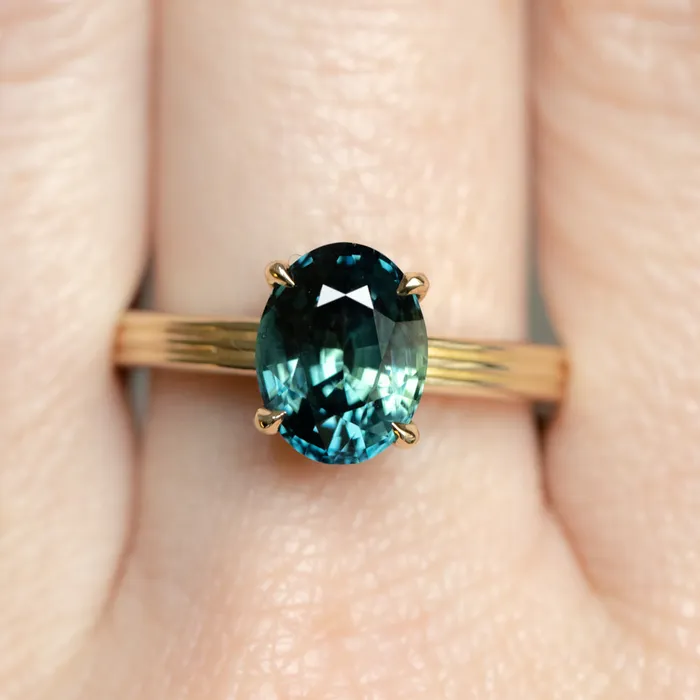 Rings Nashan 359ct Oval Deep Teal Madagascar Sapphire Low Profile TriBand Three Winds 4 Prong Solitaire in 14k Yellow Gold