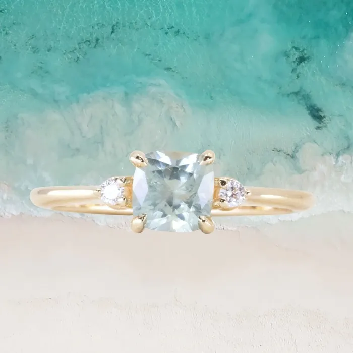 Rings Robert Coggins 107ct Minty Seafoam Green Montana Sapphire and Diamond Dainty Three Stone Ring in 14k Yellow Gold Rings Robert Coggins 107ct Minty Seafoam Green Montana Sapphire and Diamond Dainty Three Stone Ring in 14k Yellow Gold
