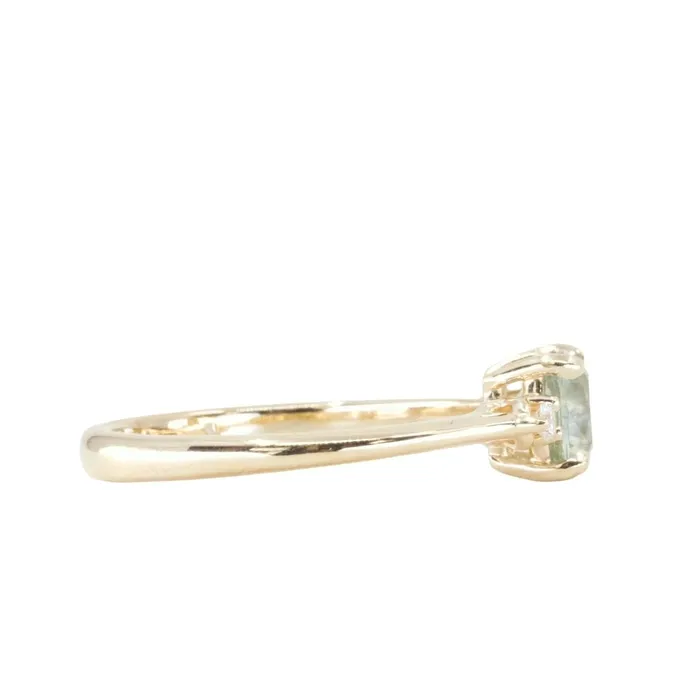 Rings Robert Coggins 107ct Minty Seafoam Green Montana Sapphire and Diamond Dainty Three Stone Ring in 14k Yellow Gold