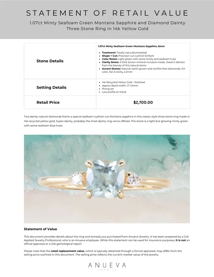 Rings Robert Coggins 107ct Minty Seafoam Green Montana Sapphire and Diamond Dainty Three Stone Ring in 14k Yellow Gold