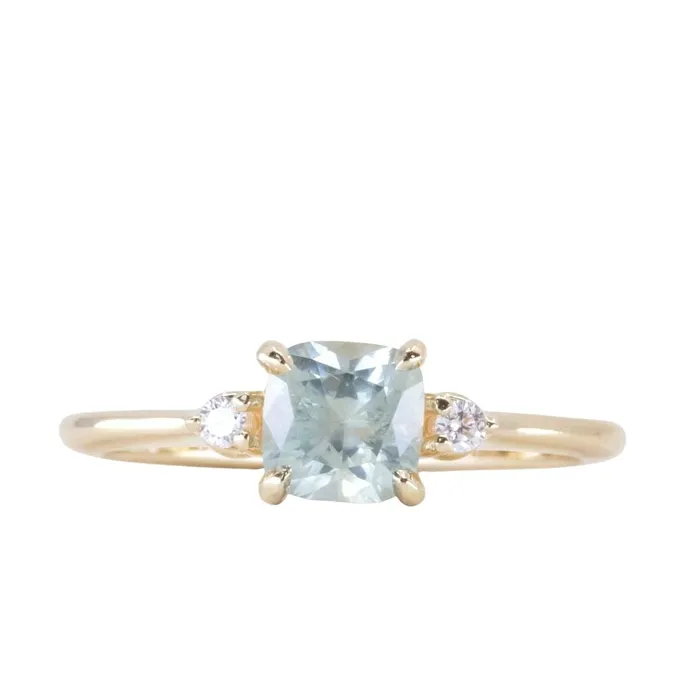 Rings Robert Coggins 107ct Minty Seafoam Green Montana Sapphire and Diamond Dainty Three Stone Ring in 14k Yellow Gold