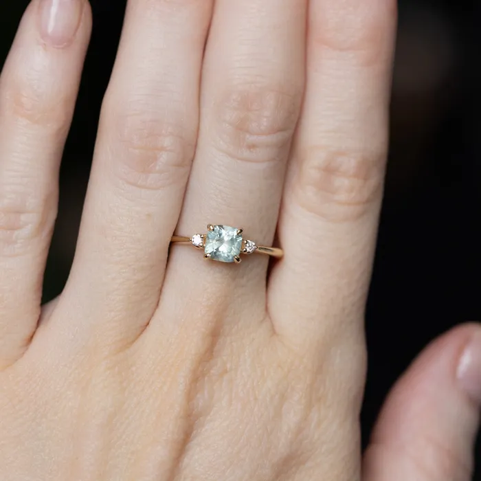 Rings Robert Coggins 107ct Minty Seafoam Green Montana Sapphire and Diamond Dainty Three Stone Ring in 14k Yellow Gold