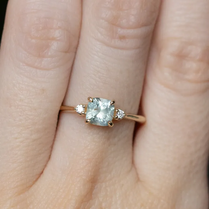 Rings Robert Coggins 107ct Minty Seafoam Green Montana Sapphire and Diamond Dainty Three Stone Ring in 14k Yellow Gold