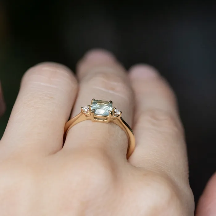 Rings Robert Coggins 107ct Minty Seafoam Green Montana Sapphire and Diamond Dainty Three Stone Ring in 14k Yellow Gold