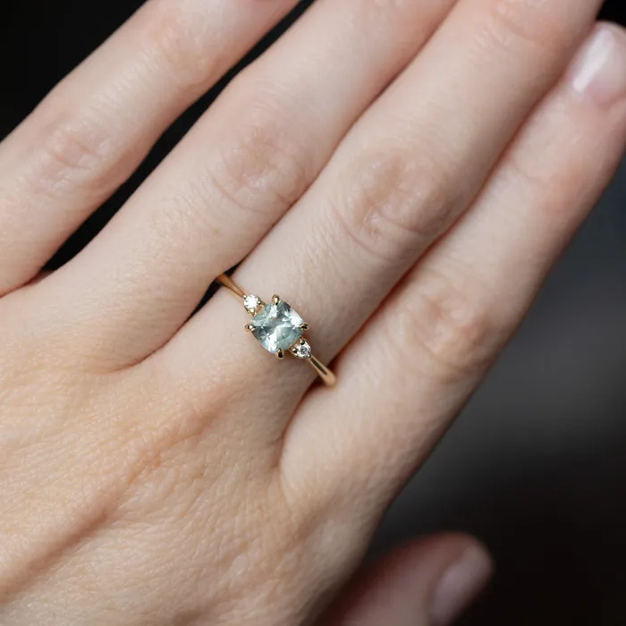 Rings Robert Coggins 107ct Minty Seafoam Green Montana Sapphire and Diamond Dainty Three Stone Ring in 14k Yellow Gold