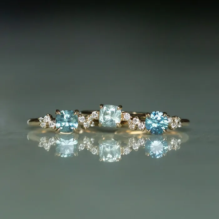 Rings Robert Coggins 107ct Minty Seafoam Green Montana Sapphire and Diamond Dainty Three Stone Ring in 14k Yellow Gold