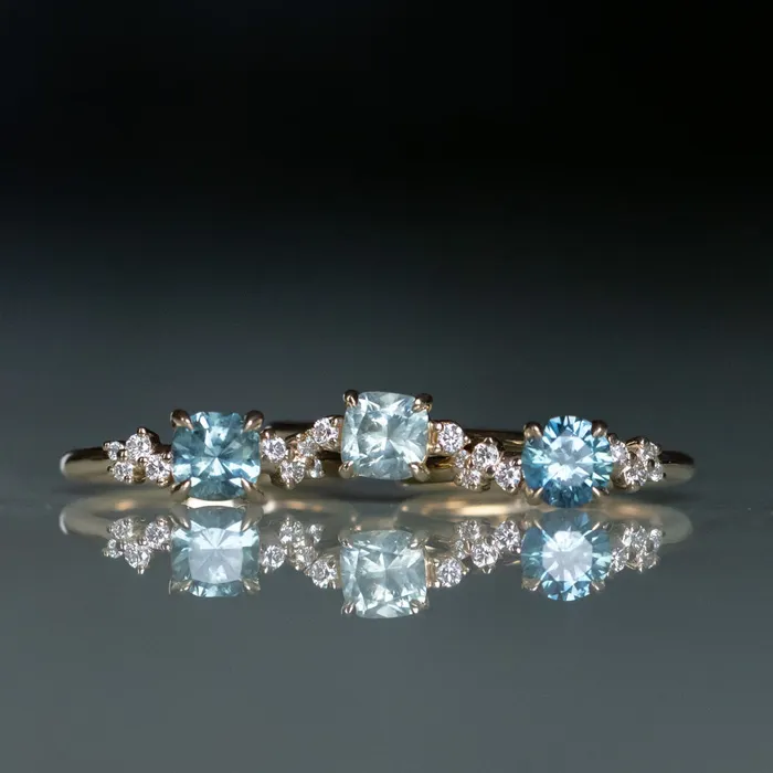 Rings Robert Coggins 107ct Minty Seafoam Green Montana Sapphire and Diamond Dainty Three Stone Ring in 14k Yellow Gold