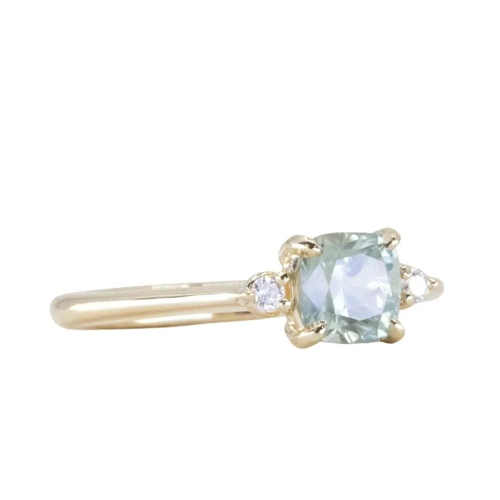 Rings Robert Coggins 107ct Minty Seafoam Green Montana Sapphire and Diamond Dainty Three Stone Ring in 14k Yellow Gold