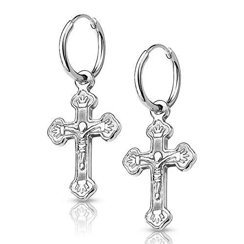 Tulsa Body Jewelry Earrings Stainless Hinged Hoop Cross Dangles