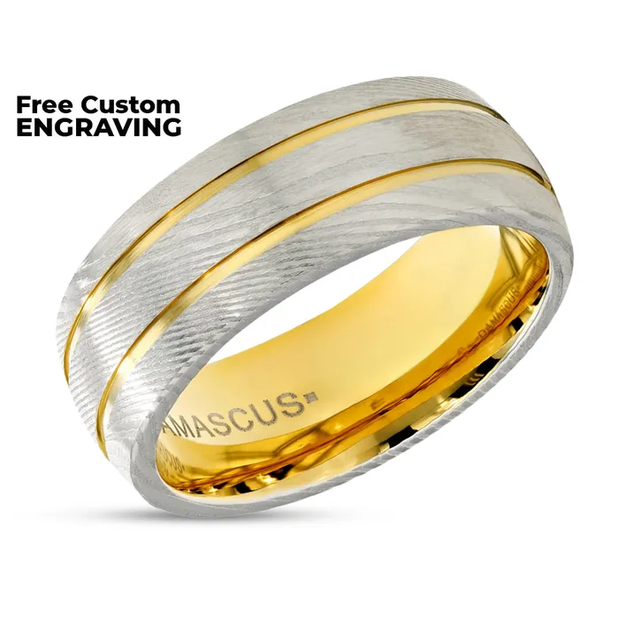 8mm Yellow Gold Damascus Steel Wedding Ring Silver Damascus Steel Ring Damascus Ring Clean Casting Jewelry Rings