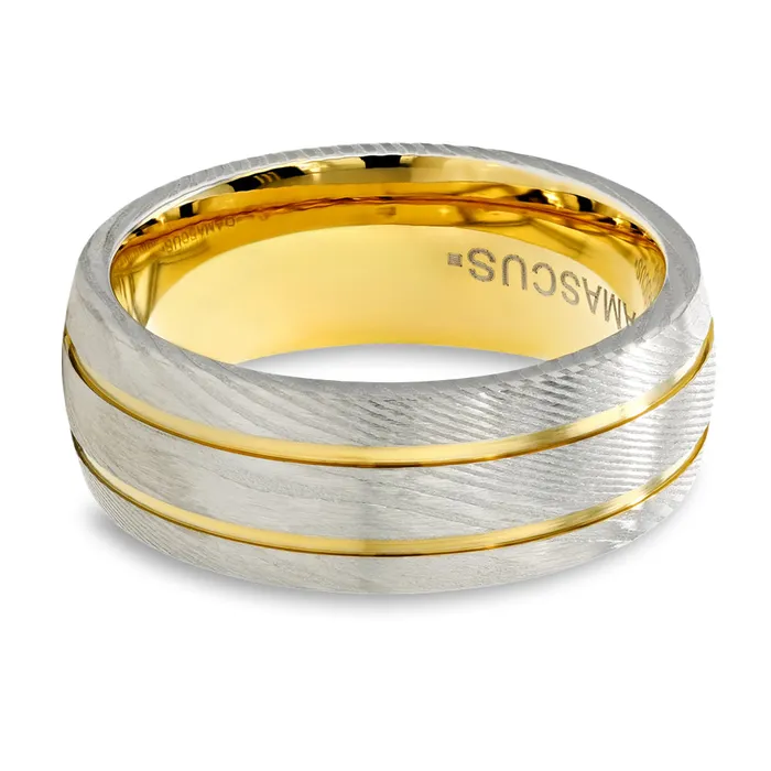 8mm Yellow Gold Damascus Steel Wedding Ring Silver Damascus Steel Ring Damascus Ring Clean Casting Jewelry Rings