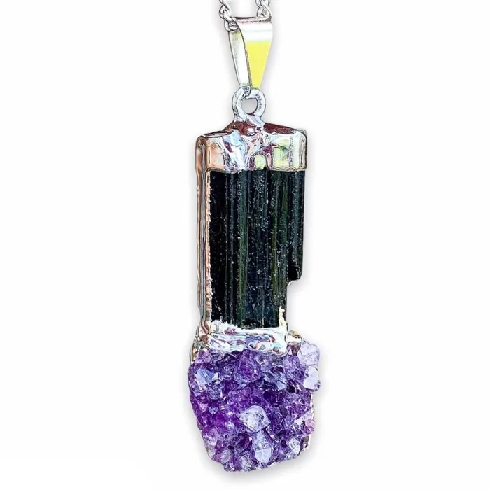 Black Tourmaline and Amethyst Dangle Pendant Necklace Magic Crystals Necklaces Black Tourmaline and Amethyst Dangle Pendant Necklace Magic Crystals Necklaces