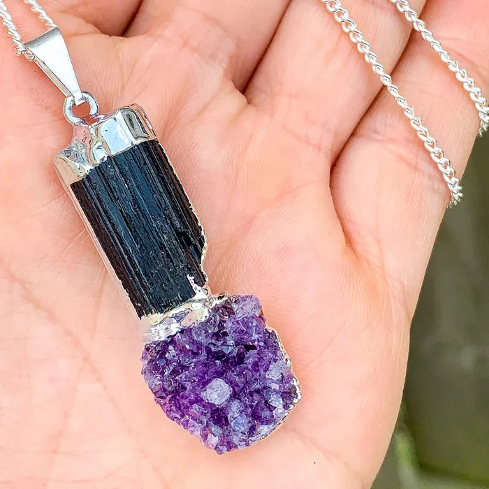 Black Tourmaline and Amethyst Dangle Pendant Necklace Magic Crystals Necklaces