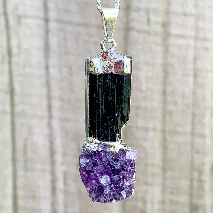Black Tourmaline and Amethyst Dangle Pendant Necklace Magic Crystals Necklaces