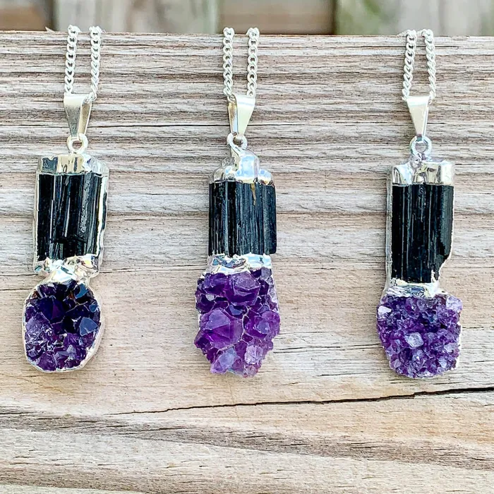 Black Tourmaline and Amethyst Dangle Pendant Necklace Magic Crystals Necklaces