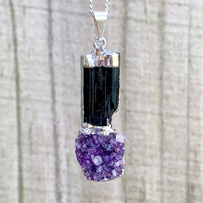 Black Tourmaline and Amethyst Dangle Pendant Necklace Magic Crystals Necklaces