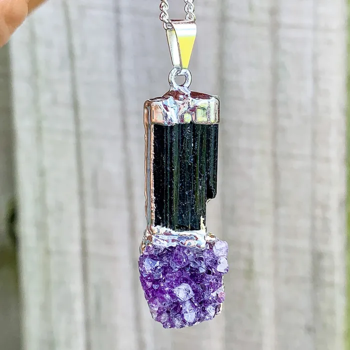 Black Tourmaline and Amethyst Dangle Pendant Necklace Magic Crystals Necklaces