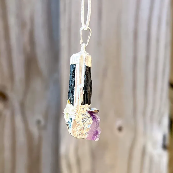 Black Tourmaline and Amethyst Dangle Pendant Necklace Magic Crystals Necklaces