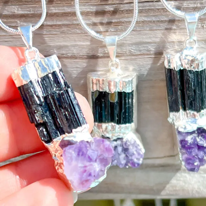 Black Tourmaline and Amethyst Dangle Pendant Necklace Magic Crystals Necklaces