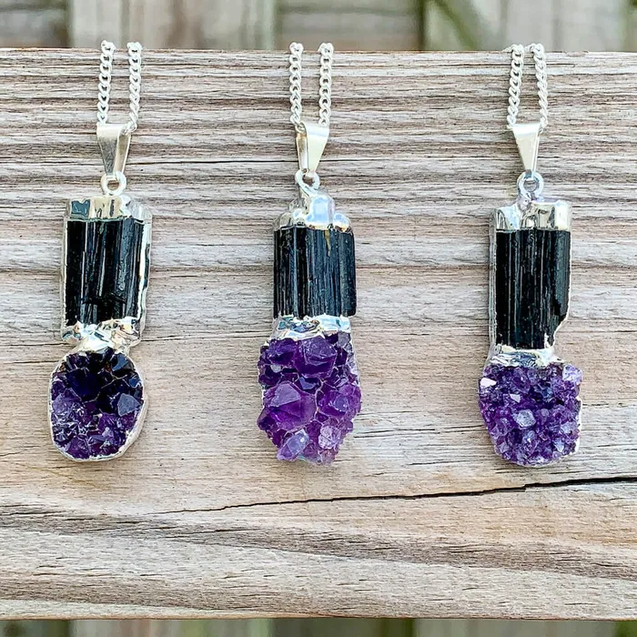 Black Tourmaline and Amethyst Dangle Pendant Necklace Magic Crystals Necklaces