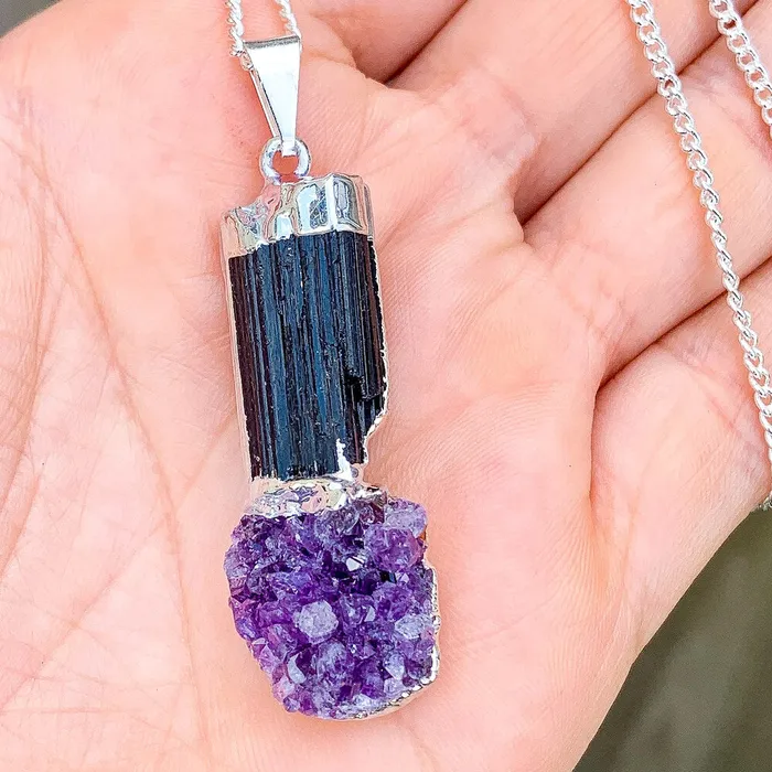 Black Tourmaline and Amethyst Dangle Pendant Necklace Magic Crystals Necklaces