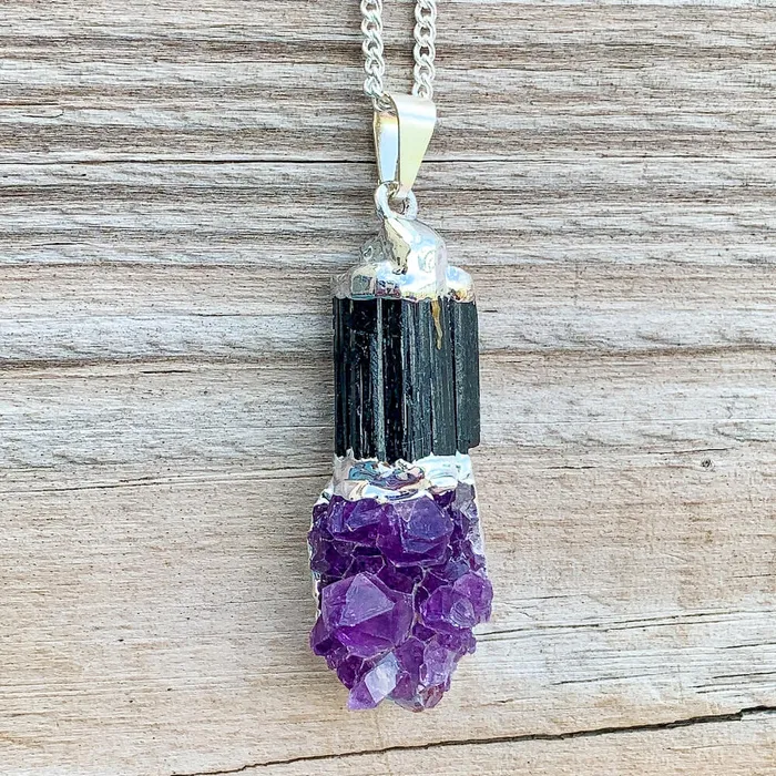 Black Tourmaline and Amethyst Dangle Pendant Necklace Magic Crystals Necklaces