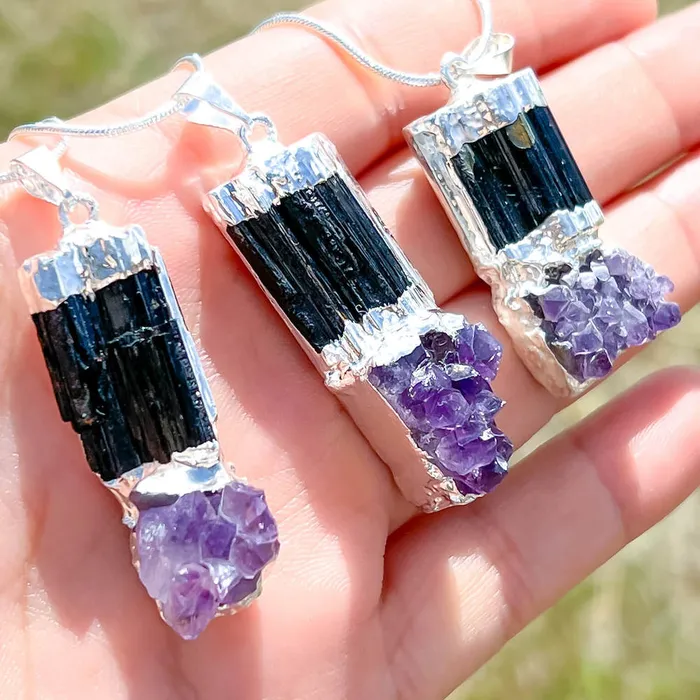 Black Tourmaline and Amethyst Dangle Pendant Necklace Magic Crystals Necklaces