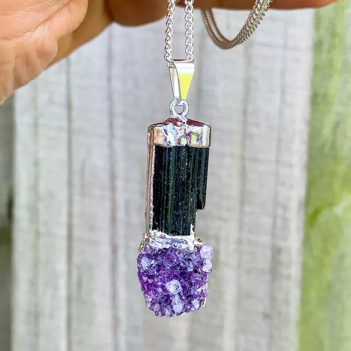 Black Tourmaline and Amethyst Dangle Pendant Necklace Magic Crystals Necklaces