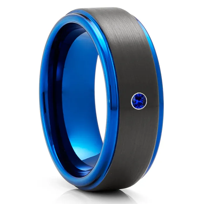 Black Wedding Ring Blue Wedding Ring Tungsten Wedding Ring Blue Sapphire Ring Clean Casting Jewelry Rings