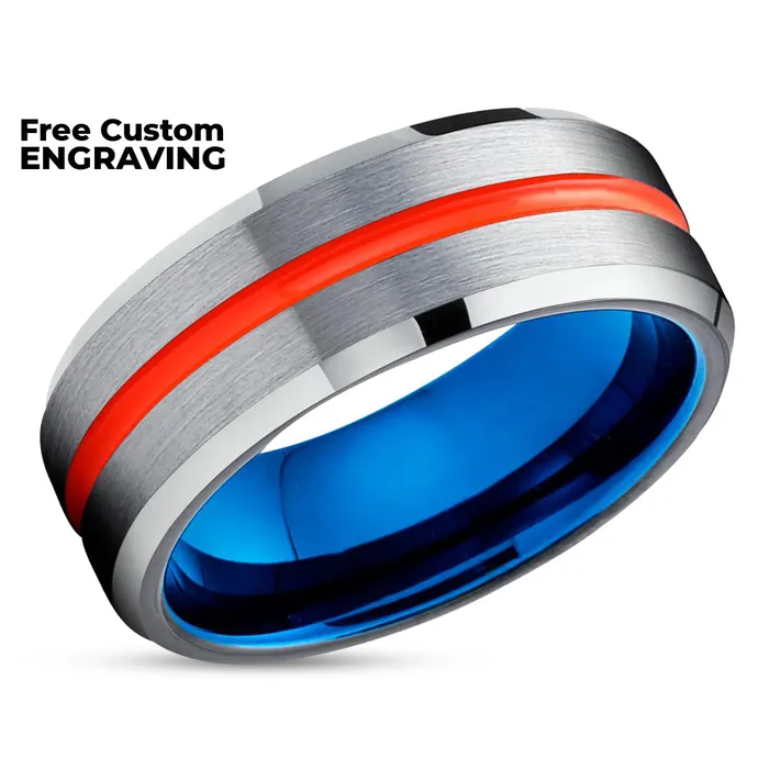 Blue Tungsten Wedding Band Orange Tungsten Ring Orange Wedding Ring Silver Clean Casting Jewelry Rings