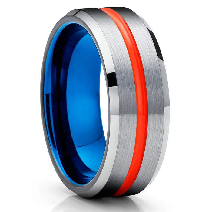 Blue Tungsten Wedding Band Orange Tungsten Ring Orange Wedding Ring Silver Clean Casting Jewelry Rings